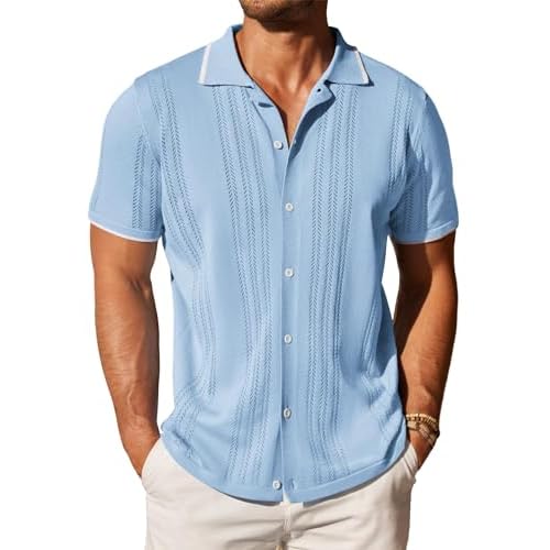 COOFANDY Men’s Knit Button Down Shirt Vintage Short Sleeve Polo Shirts Casual Beach Tops