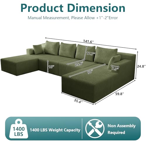 Image of 142 inch U-Shape Cloud Couch, Modern Modular Sectional U-Shape Sofa, Corduroy Boneless Couch Upholstered Couches Deep Seat Sleeper Chaise Longue for Living Room, No Assembly Required,Green