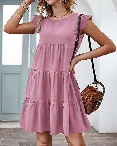 Image of KIRUNDO Summer Dresses for Women Sundress Sleeveless Ruffle Sleeve Round Neck Loose Short Flowy Pleated Mini Babydoll Dress
