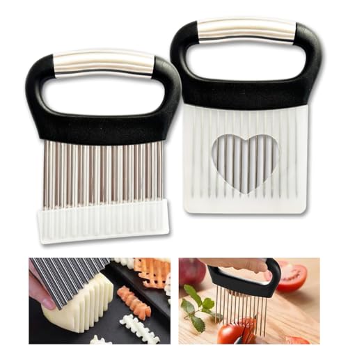 Design unico: coltello taglia patate a onde crea tagli ondulati su frutta e verdura, mentre forchetta per cipolla penetra in profondità nella carne per un migliore assorbimento dei condimenti e affetta in modo uniforme cipolle e verdure simili