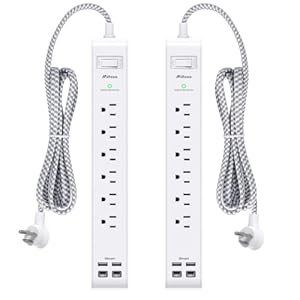 2 Pack Power Strip Surge Protector, 6 Outlets 4 USB Ports (2 USB C) 5Ft Long Extension Cords, Flat Plug Overload Protection Outlet Strip, Wall Mount for Home, Office and Dorm Essential, ETL Listed