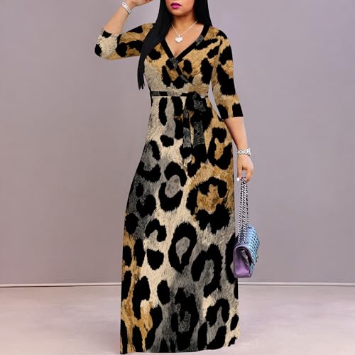 Image of Women Plus Size Long Sleeve V Neck Maxi Dress with Belt | Soft fabric relaxed fit three quarter sleeve v neck with pockets for party and daily wear