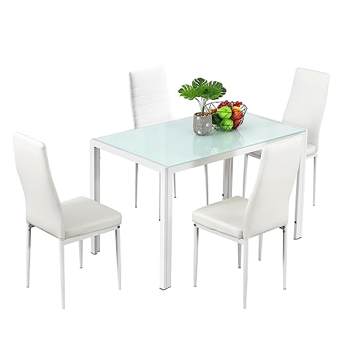Bonnlo 5 Pieces White Dining Table Set Small Kitchen Dining Room Table Set For 4,Glass Dining Table Set For Small Place,White Kitchen Table And Pu Leather Metal Frame Chairs For 4,White #TOP6