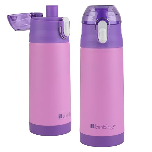 Image of Bentology Stainless Steel 13 Oz Reusable Water Bottle for Kids, Pink | Double Wall Insulated, Spill Proof Lid W /Built-in Straw- Keep Liquids Hot or Cold- Easily Fits in Lunch Boxes & Bags