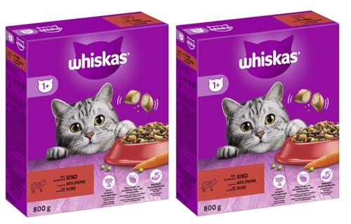 WHISKAS Karton Trocken 1+ Katzenfutter Katzentrockenfutter (2X 800g, Rind)