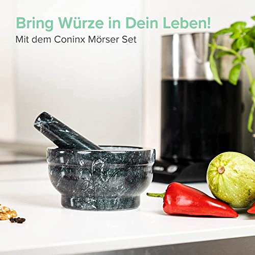 Foto von Coninx Mörser mit Stößel – 15 cm Steinmörser aus Naturstein in Anthrazit – Gewürzmörser für Pesto, Guacamole & Kräuter – Hochwertiger Marmor Mörser & Stößel Set – Rutschfeste Basis