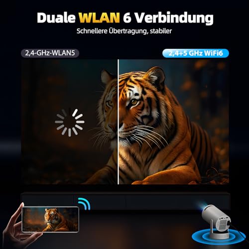 Mini Beamer Unterstützung Android 11, Smart Beamer 4K Heimkino 1080P 5W Lautsprecher, Mini Projektor Tragbarer WiFi6 BT5.4, Projektor Klein Auto Keystone 270° Dreh Kompatibel mit HDMI/TV Stick/Laptop – Bild 4
