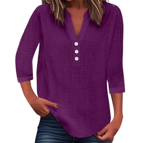 Summer Linen Shirts for Women 2025 Fashion Solid Color V Neck 3/4 Sleeve Tops Plus Summer Tops Long (Purple, XXXL)