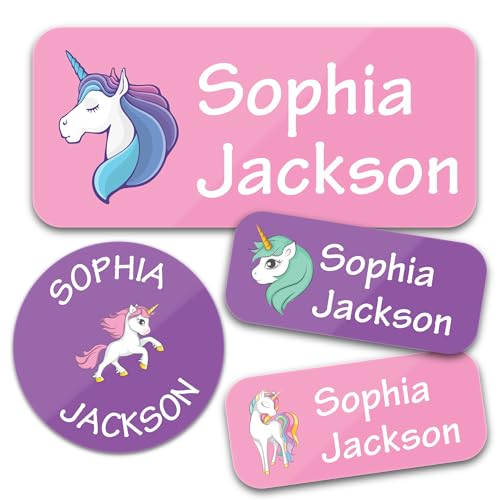 Bunny Badges Personalized Daycare Name Labels for Kids (130 Labels) - Custom Waterproof Name Stickers for Clothing Tags, Water Bottles, Lunch Boxes and School Supplies (Unicorns)