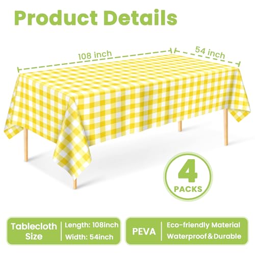 Image of Mulbozy 4 Pcs Yellow Checkered Tablecloth 54 x108 Inches Rectangle Yellow Gingham Tablecover Disposable Plastic Waterproof Table Cover for Outdoor Picnic, Kitchen, Holiday Birthday Party