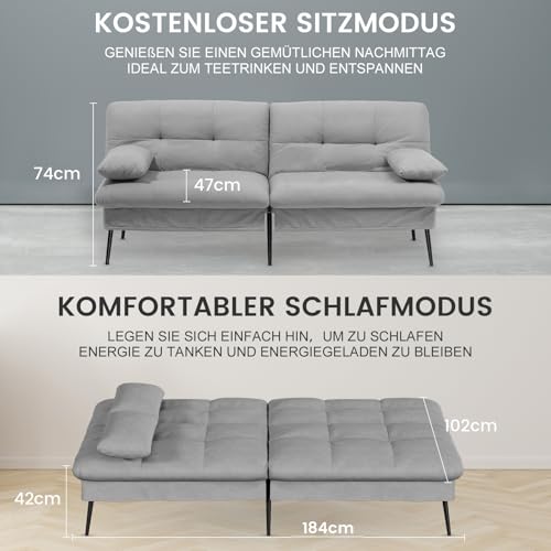 COMHOMA Schlafsofa mit Schlaffunktion – Futonbezug ausklappbar – Ecksofa – Gästesofa 3-Sitzer – mit Verstellbarer Rückenlehne aus grauem Stoff