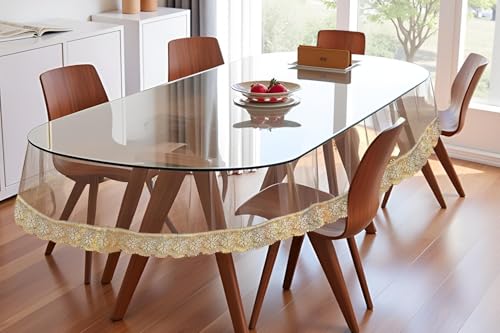 Image of The Furnishing Tree Oval Shaped 8 Seater Transparent Table Cover WxL 60x90 inches 0.25 mm Thickness with Golden Lace