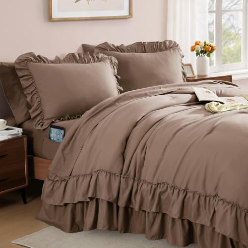 Image of Full Size Comforter Set Amber Brown Ruffle 7 Pieces Farmhouse Bed in a Bag | Shabby Chic Fluffy All Season Bedding Sets with Sheets, Pillowcases & Shams