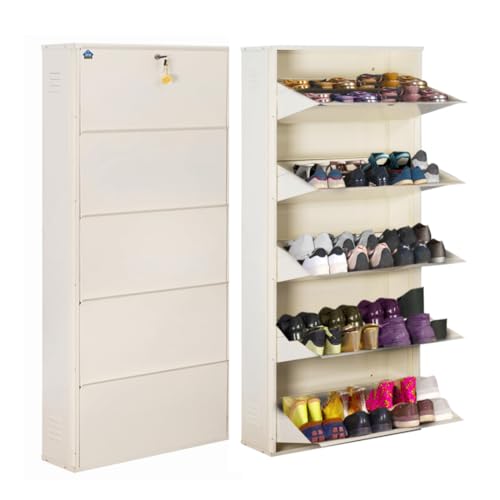 Image of DELITE KOM 29 inch Wide, 10 Shelf Metal Shoe Rack Wall Mounted for Home with Central Lock | Holds Upto 36 Shoes or 60 Slippers Pair | Double Decker, 1Yr Warranty, (67x29x8,Ivory), DIY, Space Saver
