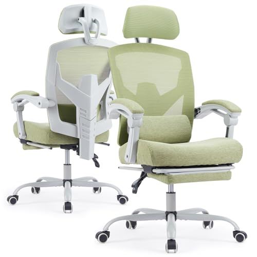 Image of Ergonomic Office Chair with Footrest, High Back Home Desk Computer Chair with Lumbar Support & Headrest, 90-135 Reclining Mesh Back with Wheels for Work, Gaming, Green