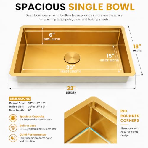Image of Gold Undermount Kitchen Sink 32 Inch, 16 Guage Stainless Steel Workstation Sinks with Ledge & Accessories, 32 inch x 18 inch x 6 inch Single Bowl ADA-Compliant Large Sink, 6 Inch Depth Gold ADA Sink