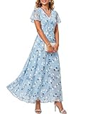 Townshine Damen V Ausschnitt Blumendruck Kleid Rüschen Kurzarm Chiffon Maxikleid Vollrock Strandkleid Stilvolles Kleid, Hell, blau, Klein