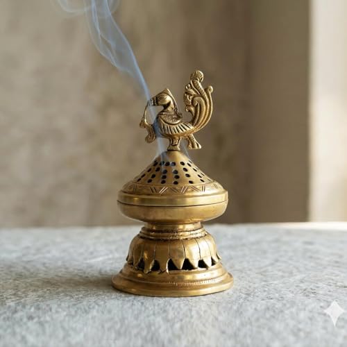 Image of ExclusiveLane 'Sacred Peacock' Brass Incense Burner (100% Pure Brass, 15.6 Cm, 0.98 Kg, Hand-Etched) | Sambrani Holder Loban Dhoop Dani Holder Dhoop Dani Loban Burner Stand