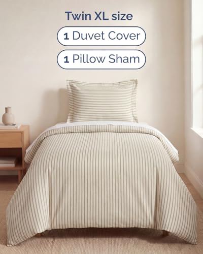 Image of Duvet Cover Twin /Twin XL Size Set - Extra Soft Twin /Twin XL Duvet Cover 68 inch x 90 inch with 1 Pillow Sham for Women, Men, Kids & Teens - Easy-Care & Fade Free with Zipper Closures & Ties (Beige Stripes)