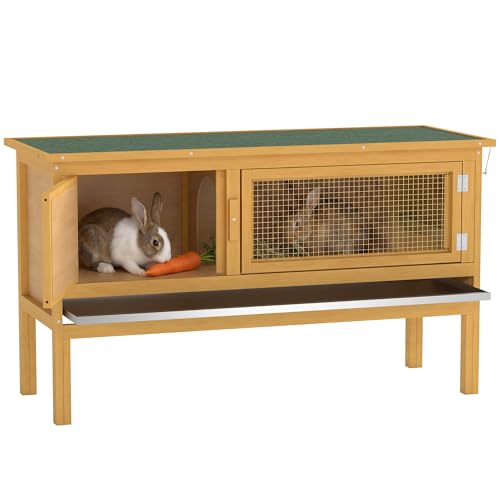 PawHut Wooden Rabbit Hutch Bunny Cage with Openable Waterproof Roof No Leak Tray Sturdy Fir Wood Build for Indoor/Outdoor