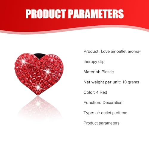 Image of Bling Heart Car Air Conditioner Air Outlet Clip, 1.07 inch x 1.07 inch All-over Rhinestone Cute Sparkling Clip-on Decorative Piece, Air Outlet Accessory, for Most Car Models (Red)