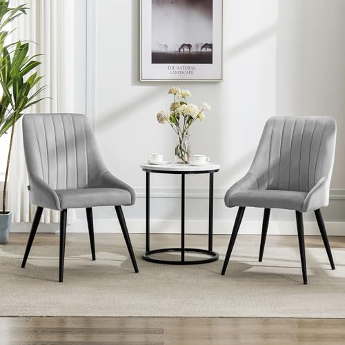 Image of Finch Fox Morris Velvet Dining Chair for Living Room, Bedroom, Home Office with Black Metal Legs in Light Grey Color (Set of 6)