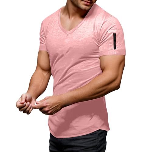 Camisetas para hombre, cuello en V, manga corta, elegante, vintage, informal, cómoda, holgada, elástica, para verano, manga corta para entrenamiento, Rosa claro., S