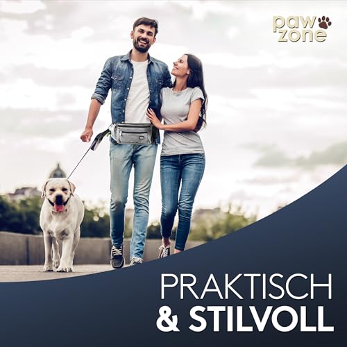 PAWZONE Futterbeutel Hunde - Leckerlibeutel für Hunde - Bauchtasche für Hunde Zubehör - Leckerlitasche für Hunde - Inkl. Reflektorband & Zusatzgurt für Flexileine (Silbergrau)