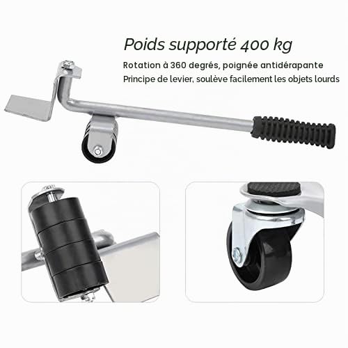Kit de Déménagement et Levage de Meubles 4 Curseurs Roulettes à 3 Roues Plaque Mobile en Argent pour Objets Lourds Portant 400KG