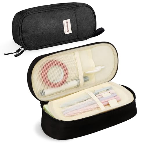 Zzrywuty Pen Case with Zipper Pencil Pouch for Office Travel Portable Large Pencil Case Pouch for Teen Girls & Boys Black