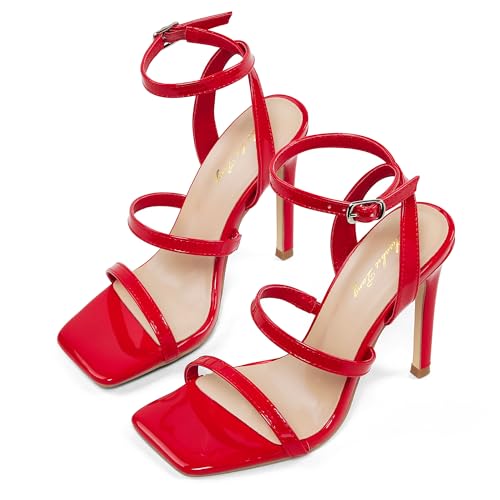 Image of Elisabet Tang Women's Crystal Stilettos Heeled Sandals, 4 Inch Square Open Toe Strappy Sexy High Heels Ankle Strap Buckle Heels for Party Wedding Dress Daily Wear Shoes