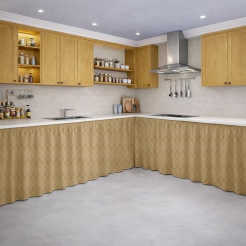 Image of LINENWALAS Under Sink Curtain for Kitchen - Pack of 2 | Herringbone Embossed Design Polyester Under-Sink Cover | Storage-Hiding Curtain with Rod Pocket | Kitchen & Bathroom (132x71 CM, Golden Beige)