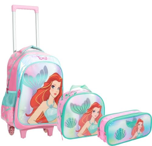 Kit Mochila de Rodinha Lancheira Térmica e Estojo Duplo Sereia Yepp MIF5342 (Rosa)