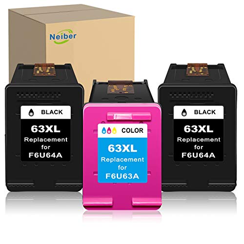 Neiber Remanufactured Ink Cartridge Replacement for HP 63XL 63 XL (2 Black 1 Tri-Color) Work with Envy 4520 OfficeJet 3830 5252 4650 5258 4655 4652 DeskJet 3636 1111 3630 1112 3637 3632 Printer