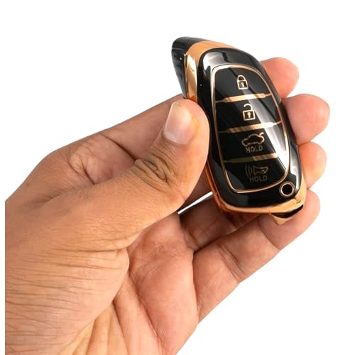 Image of TPU Car Key Cover Black & Golden Compatible for Hyundai Creta, Venue, I20 (2021),Elantra, Tucson (Hyundai, 4 Button Push Smart Key)