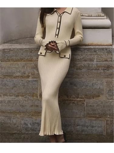 Women Autumn Winter Elegant Knitted Long Ruffles Dressres High Waist Buttons Turn-Down Collar Sweater Dresses3