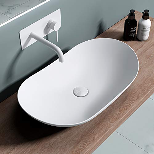 doporro Lavabo da Appoggio Ovale in Ceramica Bianco Opaco 63x36,5x14 cm, Lavandino Bagno Moderno...