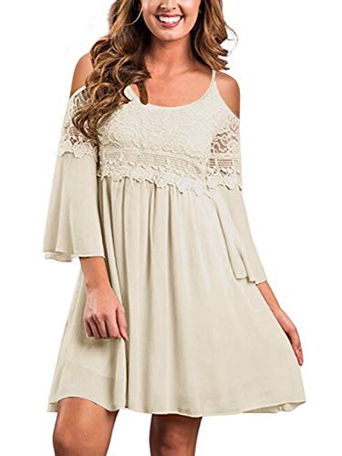 ZANZEA Women Summer Casual Mini Dress Cold Shoulder Short Dress Vintage Floral Lace 3 4 Sleeves Cocktail Party Dress Beige X-Large