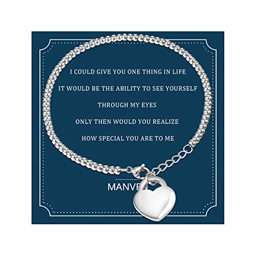 MANVEN Pulsera Corazón Mujer Pulsera de cuentas de acero inoxidable Corazón Colgante pulsera de plata ajustable Regalos de joyería para mujeres, niñas, novias, mejores amigas Cover