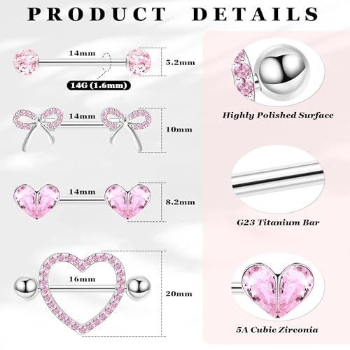 4 Pairs 14G G23 Titanium Nipple Rings for Women Heart Nipple Barbell Tongue Rings CZ Nipple Ring Set Cute Bow Nipplerings Piercing Jewelry3