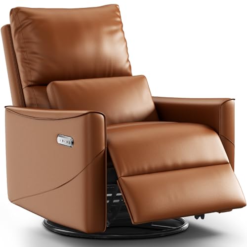 Power Swivel Rocker Recliner Chair for Adults, Glider Nursery Reclining Chair with Lumbar Support, Electric Recliner with USB Type-C Ports, Rocking Recliner for Living Room, Nursery (Brown)