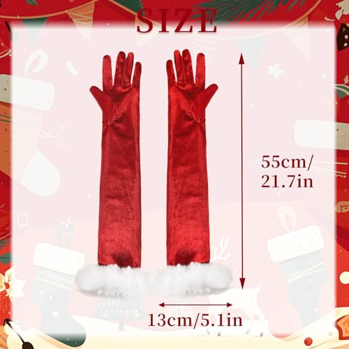 Women Red Long Velvet Gloves with White Furry Cuff Elbow Length Finger Gloves Christmas Santa Party Costume2