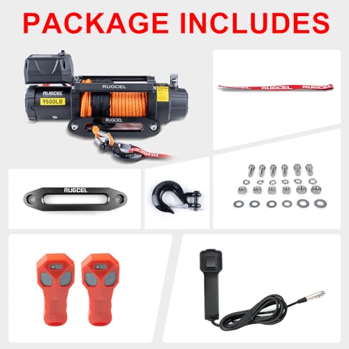 Image of RUGCEL WINCH 9500lb Waterproof Electric Synthetic Rope Powerful Fast Winch with Hawse Fairlead, Wired Handle and Wireless Remote