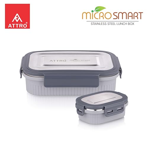 Image of ATTRO Micro Smart Stainless Steel Lunch Box with Inner Steel Body, Microwave Safe Without Lid, Airtight Leakproof with Small Container for Office, School Kids & Outdoor Use - 800ml+180ml-Grey