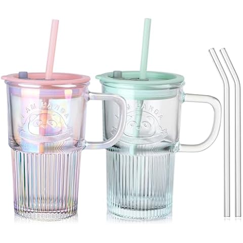 ZgoEC 2 Pack Glass Tumbler Mugs with Lids Cover