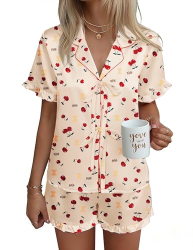 Ekouaer Satin Pajama for Women Short Sleeve Silky Pj Short Set Bow Front Tie Up Loungewear Sleepwear Cherry