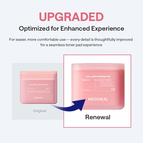 Image of MEDIHEAL Collagen Toner Pads, Skin Firming Korean Facial Pads with 98% Low-Molecular Collagen, Peptides & Retinol, Helps Restore Skin Elasticity, Removes Wrinkles & Fine Lines, Hydrating Daily Toner, Vegan (100 Count, 170ml)