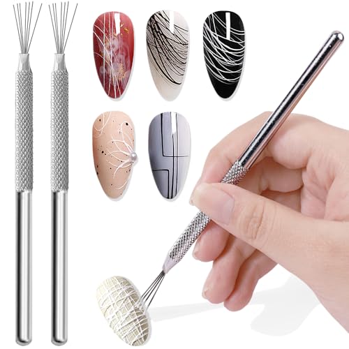 7-pin Nail Liner Nail Art Tools, Stripe Lines Nail Art Pens Stainless Steel Handle Bendable Pins Ultra-thin Line Nail Brush, Spider Gel Manicure Tools Nail Art Line Painting Tool Wire Drawing Pen,2pcs