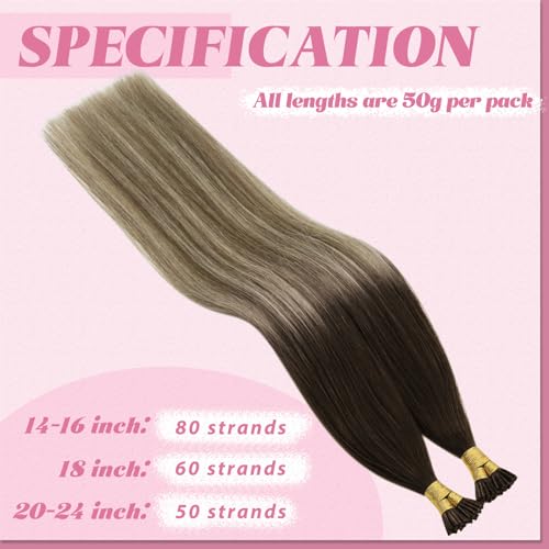 Image of YoungSee I Tip Hair Extensions Balayage, I-tip Microlink Hair Extensions, Balayage Drak Brown with Blonde, Human Hair I Tip Extension, 18 Inch 55 Strands 50g, for Adding Hair Volume