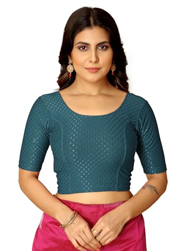 Image of Amazon Brand - Anarva Round Neck Dobby Cotton Lycra Stretchable Elbow Half Sleeve Readymade Saree Blouse for Women Stylish
